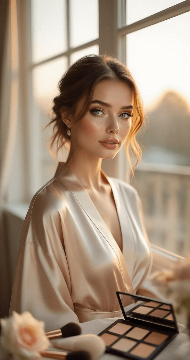 A close-up portrait of a bride in soft golden hour light, showcasing minimalist wedding makeup with champagne eyeshadow and a subtle lip color, wearing a silk robe near a large window. Gentle makeup brushes and a palette in soft neutral tones are arranged nearby, enhancing the intimate pre-wedding scene.
