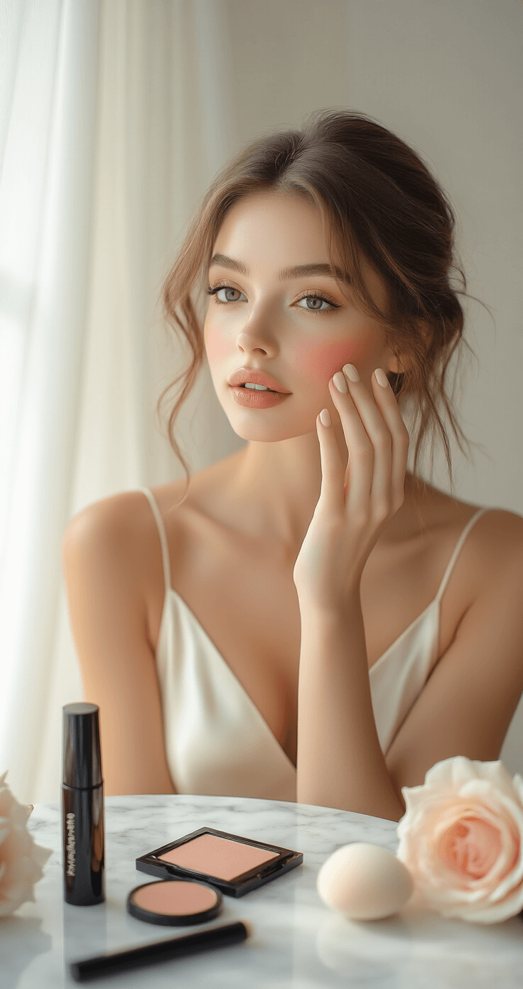 A model in a cream silk camisole applies cream blush in a bright, airy studio with soft white curtains. Natural light emphasizes her radiant complexion, while a marble vanity displays makeup products including waterproof mascara, nude lipstick, and a damp beauty sponge, all in a soft peach and warm neutral palette.