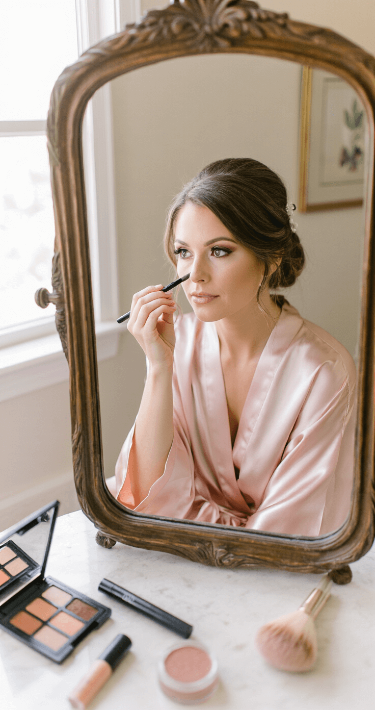 A bride in a dusty rose silk robe applies subtle brown eyeliner in front of a vintage mirror, with soft window light illuminating the scene. Minimal makeup products, including a fluffy bronzer brush, tinted lip balm, and a neutral eyeshadow palette, are artfully scattered nearby, capturing a candid pre-wedding moment.