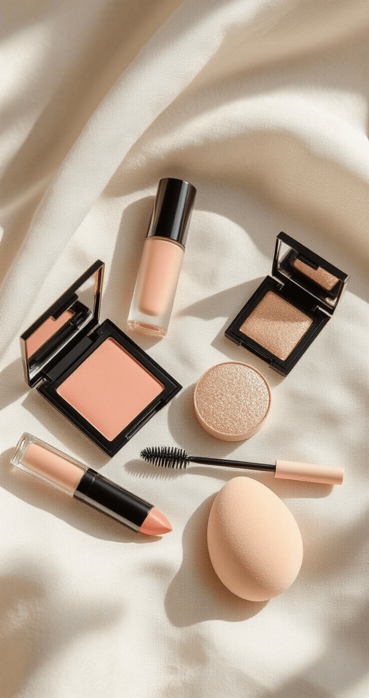 A flatlay of bridal makeup essentials on a light linen backdrop, featuring cream blush, waterproof mascara, champagne shimmer eyeshadow, nude lip gloss, and a damp beauty sponge, captured in soft, natural light.