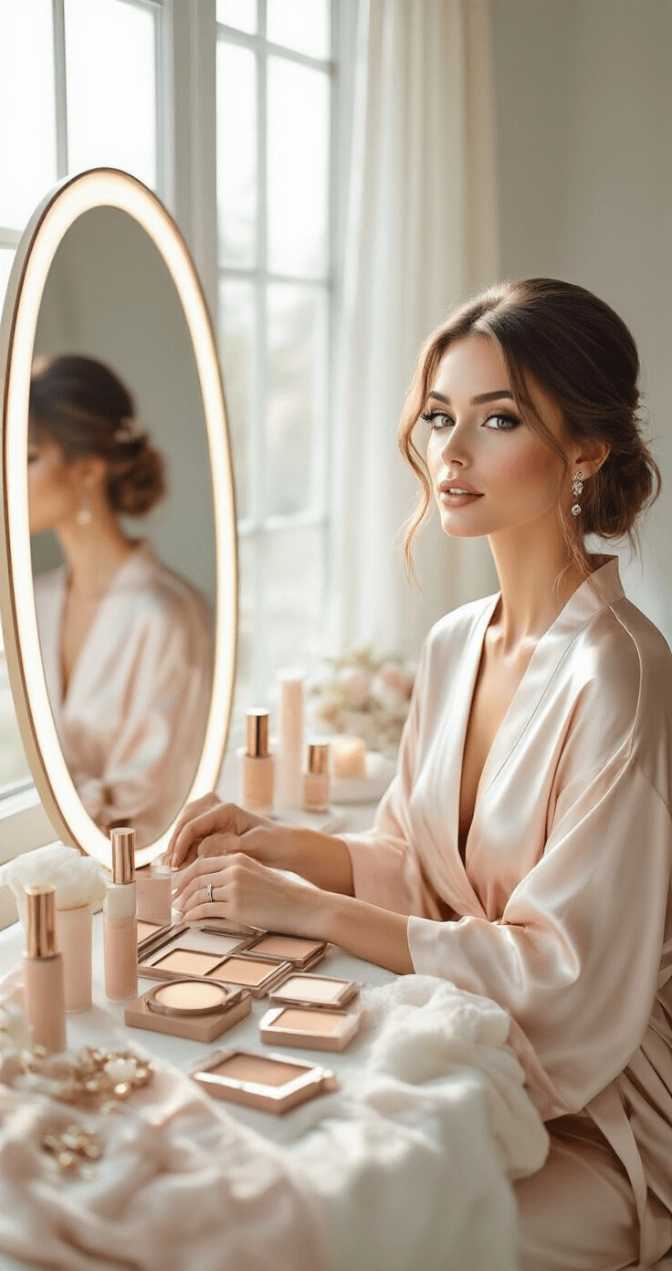 A bride in a silk blush robe sits at a vanity with soft natural makeup products arranged around her, reflected in a large mirror as soft morning light fills the modern bedroom, enhancing the ethereal atmosphere with delicate jewelry and wedding accessories subtly styled in the background.