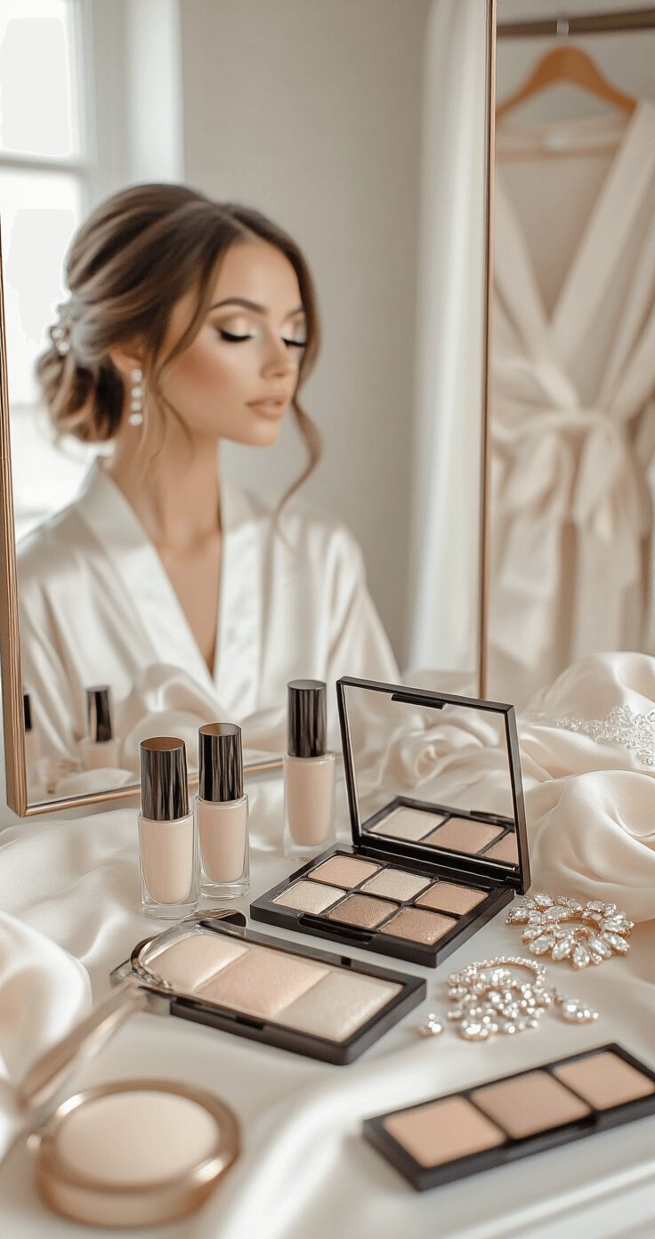 A serene bridal suite scene featuring an artistic arrangement of makeup products, with the bride's reflection in a large mirror displaying a natural glam look, soft brown smokey eyeshadow, and luminous skin, surrounded by soft white and champagne tones, delicate wedding jewelry, and a silk robe.