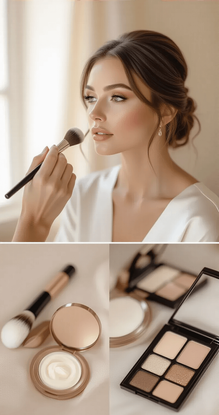Close-up of a bride during a makeup trial in a neutral-toned studio, featuring a makeup artist applying dewy foundation with precise brush strokes. The bride's face showcases subtle contouring and soft champagne eyeshadow, surrounded by artfully arranged makeup products like cream highlighter and neutral lip colors. Soft natural lighting enhances the warm, flattering glow, while the bride wears a white silk top, embodying effortless bridal beauty.
