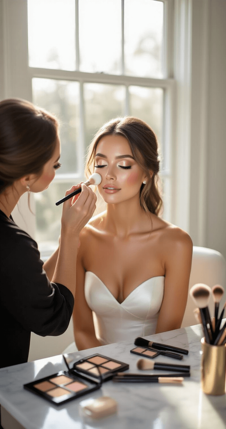A serene bride in a minimalist dressing room during golden hour, with natural light illuminating her dewy makeup as her artist applies foundation with a beauty sponge. Pearlescent eyeshadow and professional brushes are arranged on a marble vanity, highlighting her radiant complexion and soft peach blush.