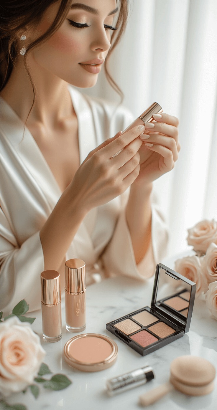 Close-up of a bride in a silk robe holding nude lip gloss, surrounded by elegantly arranged makeup products on a marble surface, with soft natural light streaming through sheer curtains in a clean, modern bedroom.