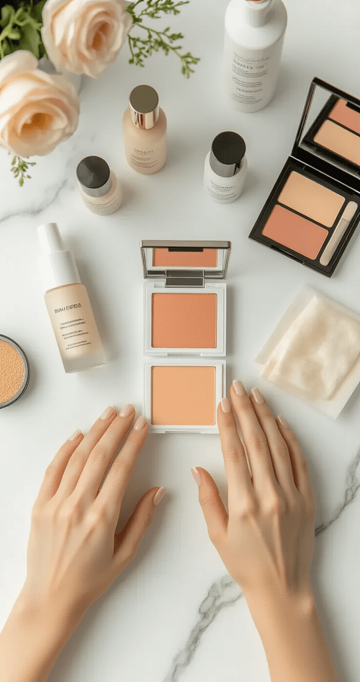 Overhead view of a modern bridal makeup setup on a marble countertop, featuring skincare and makeup products, including a hydrating primer, foundation, blush, and setting spray, with a bride's hands applying a sheet mask in a bright, minimalist studio.