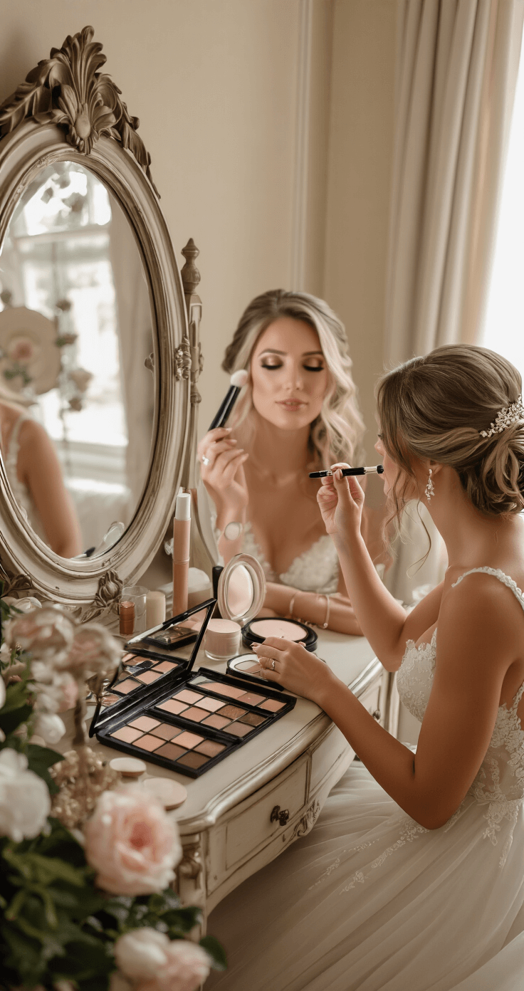 Bride at vintage vanity in cozy bedroom, applying makeup with soft, natural light. Makeup artist adds wispy false lash amidst curated products in dusty rose and champagne hues.