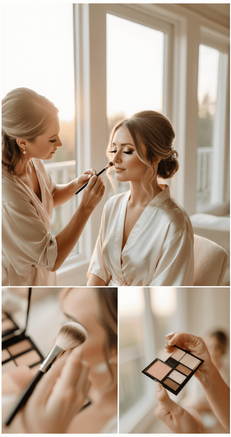 A bride in a delicate silk robe receives soft glam makeup in a minimalist bridal suite during golden hour, with natural light illuminating her flawless skin and neutral eyeshadow blending, as a professional makeup artist carefully applies makeup using high-end products.