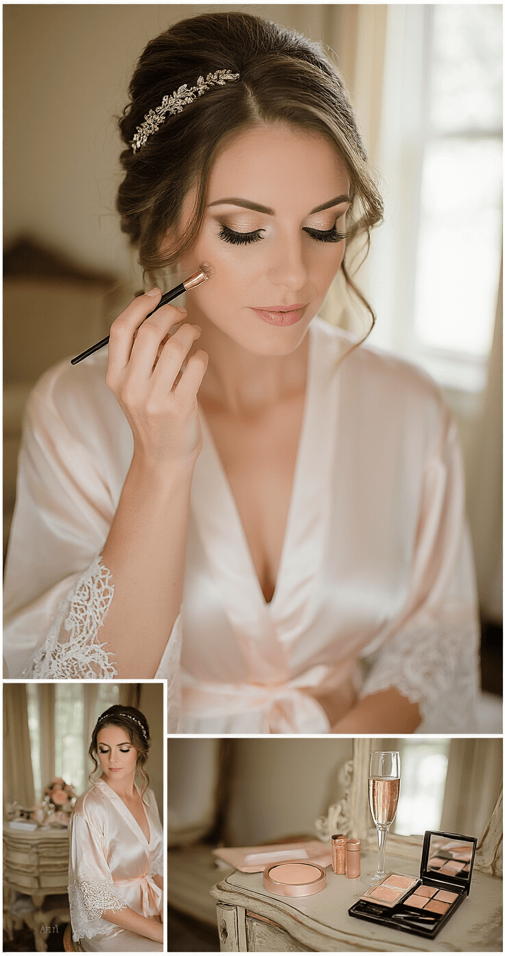 Intimate bedroom scene of a bride in a delicate lace robe, morning light filtering in, as a professional makeup artist applies wispy false eyelashes. Close-up of blended eyeshadow and flawless skin, with champagne and rose gold accents on a vintage vanity.