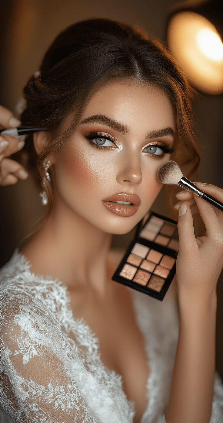 A three-quarter angle shot of a model in a delicate lace wedding robe having dramatic full glam eye makeup applied, featuring false lashes, metallic bronze and soft taupe eyeshadows, with precision brushes and high-end cosmetics arranged around her, all illuminated by warm golden hour-inspired lighting.
