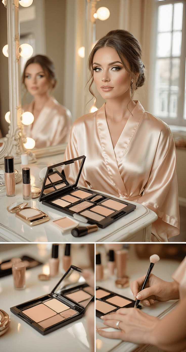 Bride in silk champagne robe being styled in chic getting-ready room, surrounded by professional makeup on vintage mirrored vanity, makeup artist applying contour and highlight with warm neutral tones and rose gold accents.