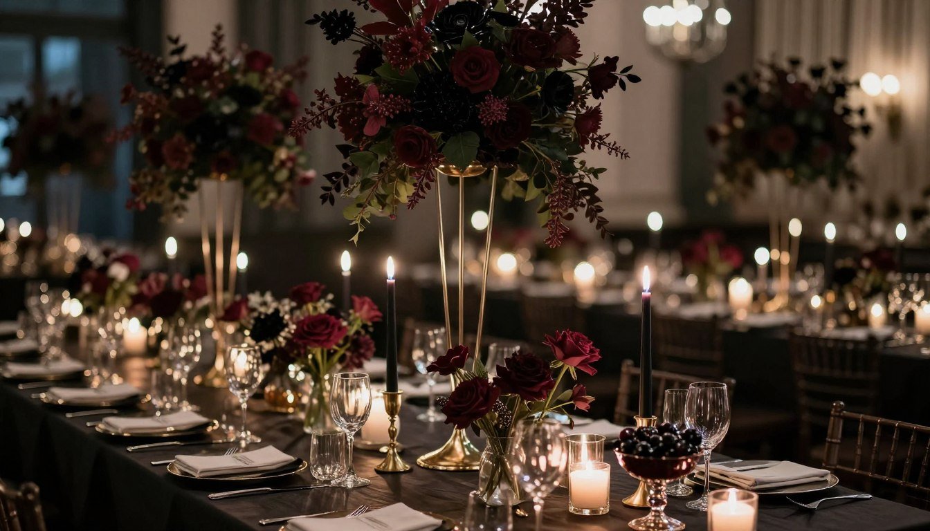 Mixed-height dark romantic centerpieces with candles on long reception table
