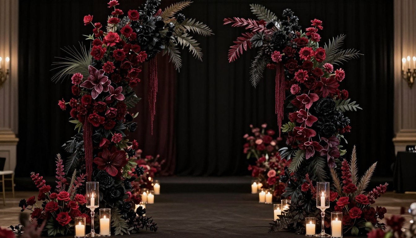 Dramatic dark romantic wedding ceremony arch with asymmetrical design
