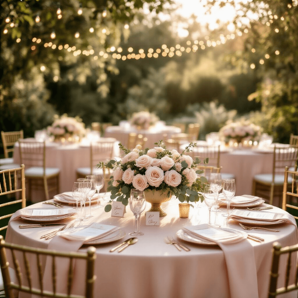 Photorealistic bridal shower scene in a softly lit garden venue, featuring elegant round tables with silk linens, delicate floral centerpieces, vintage gold chiavari chairs, personalized place settings, and warm golden hour lighting creating an intimate atmosphere.