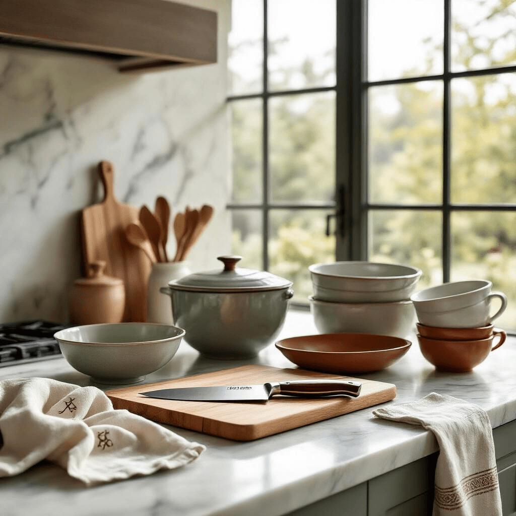 Luxurious kitchen scene featuring a marble countertop adorned with a hand-forged chef's knife, personalized wooden cutting board, monogrammed linen towels, and artisan ceramic mixing bowls, all bathed in soft natural light and styled with polished wood, gleaming metal, and soft textiles.