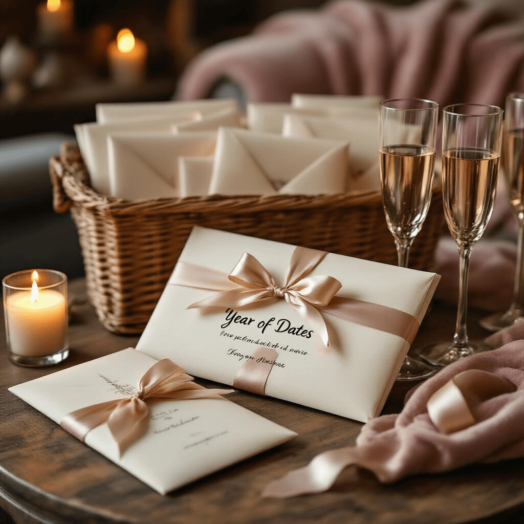 A romantic gift setup featuring a 'year of dates' basket on a rustic wooden surface, showcasing twelve elegantly wrapped envelopes tied with silk ribbons, soft candlelight, vintage champagne flutes, and a handwritten note, all set against a cozy living room background with blush velvet and modern decor, evoking a warm and nostalgic mood.