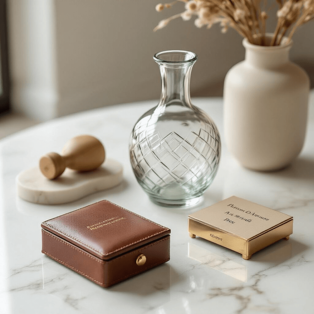 Artisan home decor scene featuring a handblown glass vase, custom address stamp, and leather keepsake box with gold engraving, styled on a white marble surface with soft ambient lighting. The neutral color palette includes cream, soft tan, and metallic accents, highlighting craftsmanship and personalization.