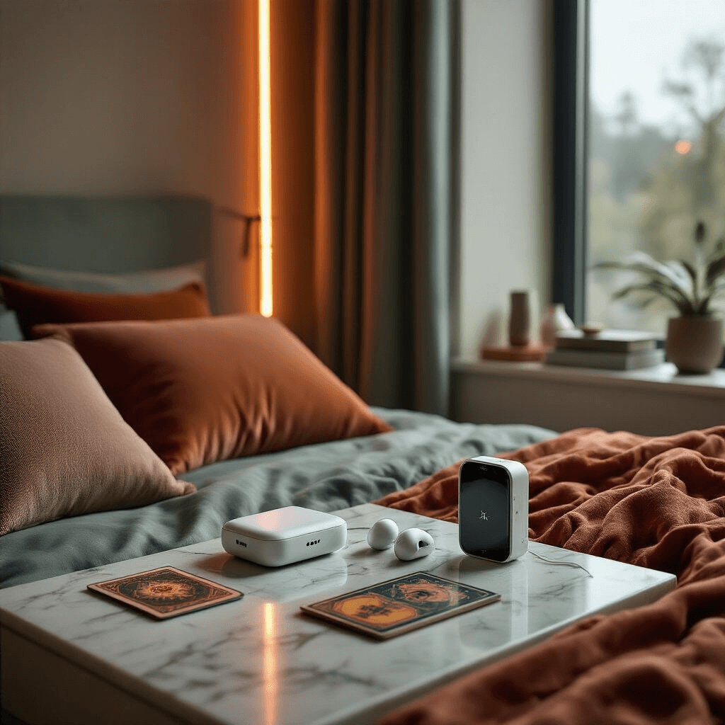 A modern teen bedroom featuring LED light strips for ambient glow, wireless earbuds on a marble surface, iridescent portable phone chargers, a compact photo printer by a large window, and a tarot deck necklace on a minimalist dresser, all set in a muted sage and terracotta color palette with layered textures of silk pillows and velvet throw blankets.