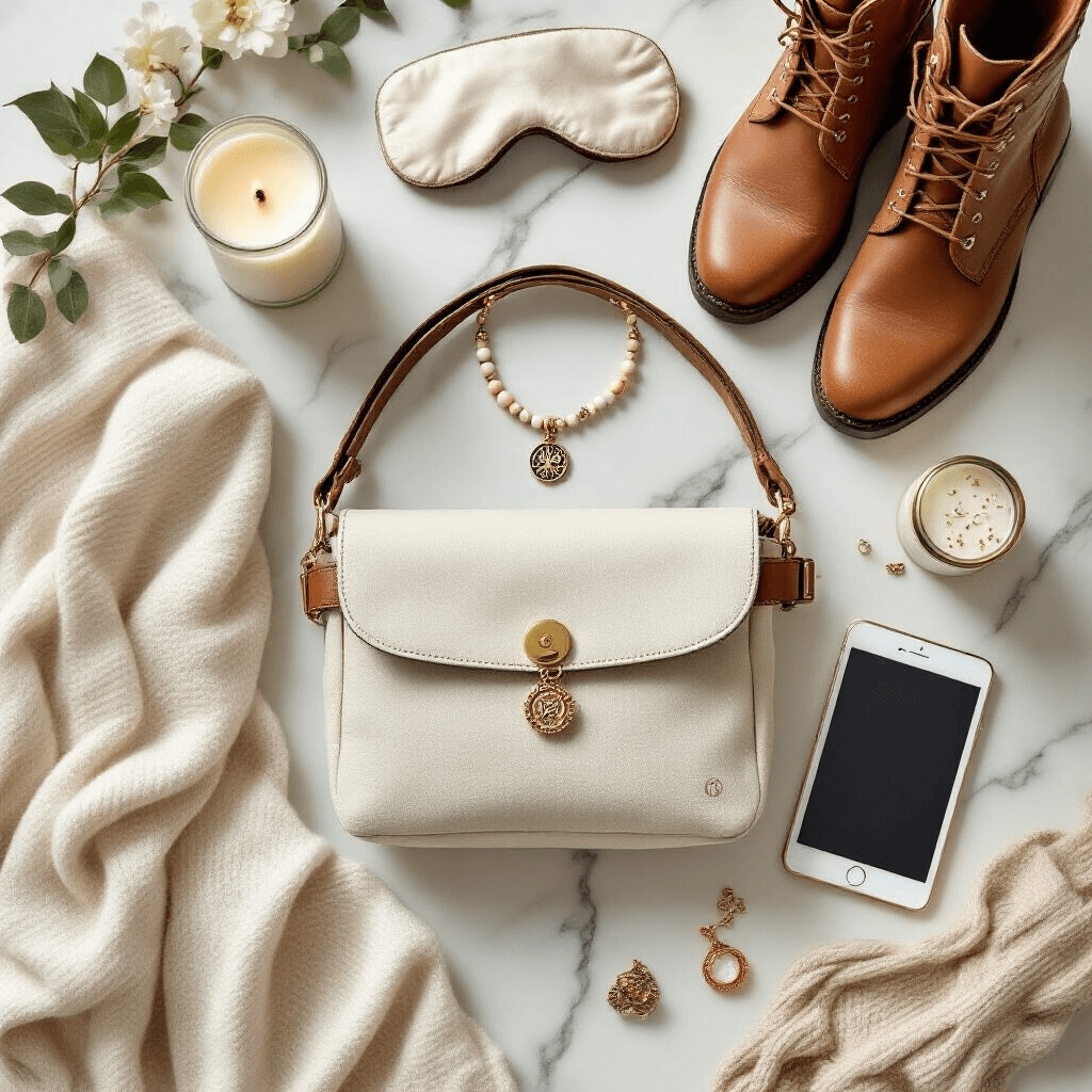 Overhead flat lay of a luxurious young professional gift scene featuring a Lululemon belt bag, personalized beaded charm necklace, Frye boots, Amazon Kindle, silk sleep mask, luxury aromatherapy candle, and various textural elements like marble and organic cotton, all in soft ivory and gold tones with natural morning light.
