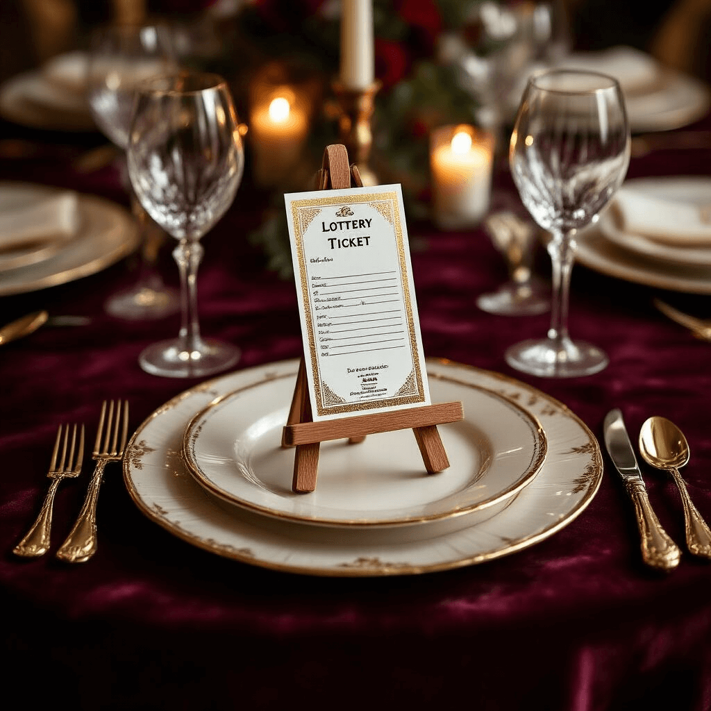 Aerial view of an elegant holiday dinner party table setting featuring wooden easels with lottery tickets, bordered by a deep burgundy velvet tablecloth, crystal wine glasses, and soft candlelight illuminating intricate details.
