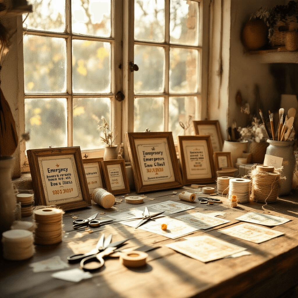 A cozy crafting scene with a rustic wooden table strewn with craft supplies like scissors and ribbons, illuminated by golden hour sunlight, showcasing various lottery ticket frames in progress, and featuring a warm color palette of cream, sage green, and soft terracotta.