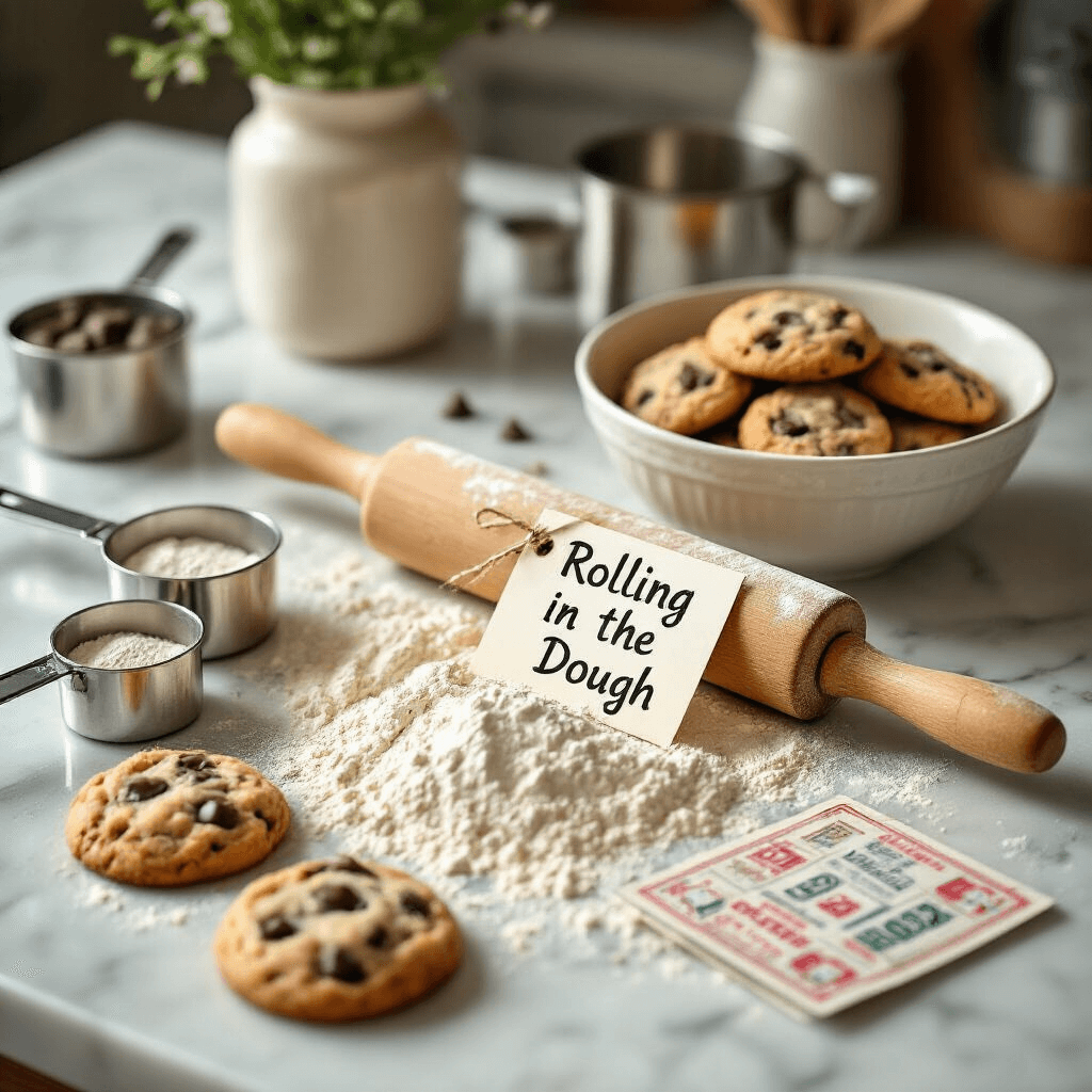 An intimate kitchen counter scene featuring a playful 'Rolling in the Dough' lottery ticket gift arrangement, with a vintage rolling pin, scattered flour, measuring cups, and artfully arranged lottery tickets on a marble countertop, accompanied by a handwritten tag and a bowl of fresh chocolate chip cookies, all captured in soft morning light.