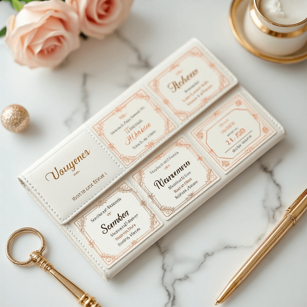 An elegant display of personalized lottery ticket wallets on a minimalist marble surface, featuring custom designs with names and special occasions, accented with soft blush and gold, photographed from above with clean lighting that highlights intricate details.