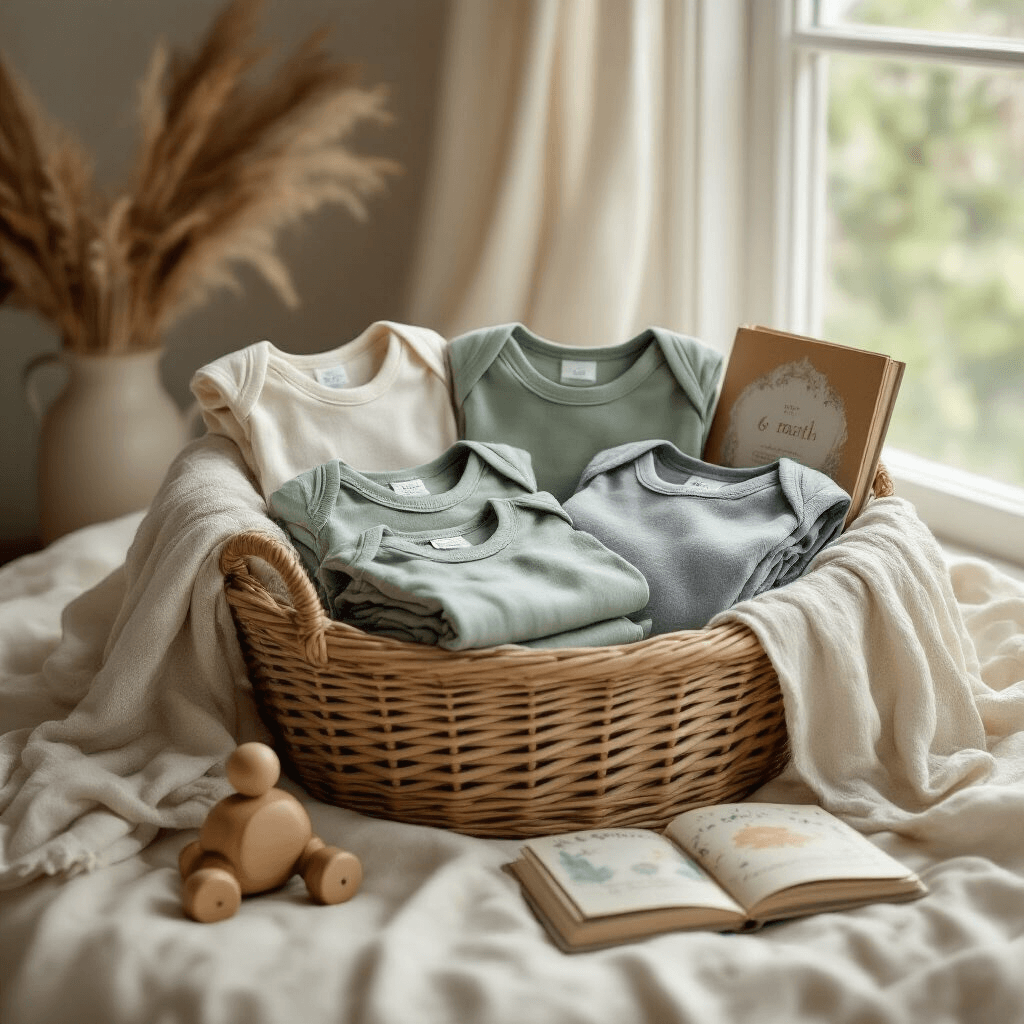 A beautifully curated baby gift basket on a soft cream linen surface, featuring muted sage and heather gray onesies with envelope shoulders, draped muslin swaddle blankets, a vintage wooden toy, and a board book, all under warm, soft natural lighting.