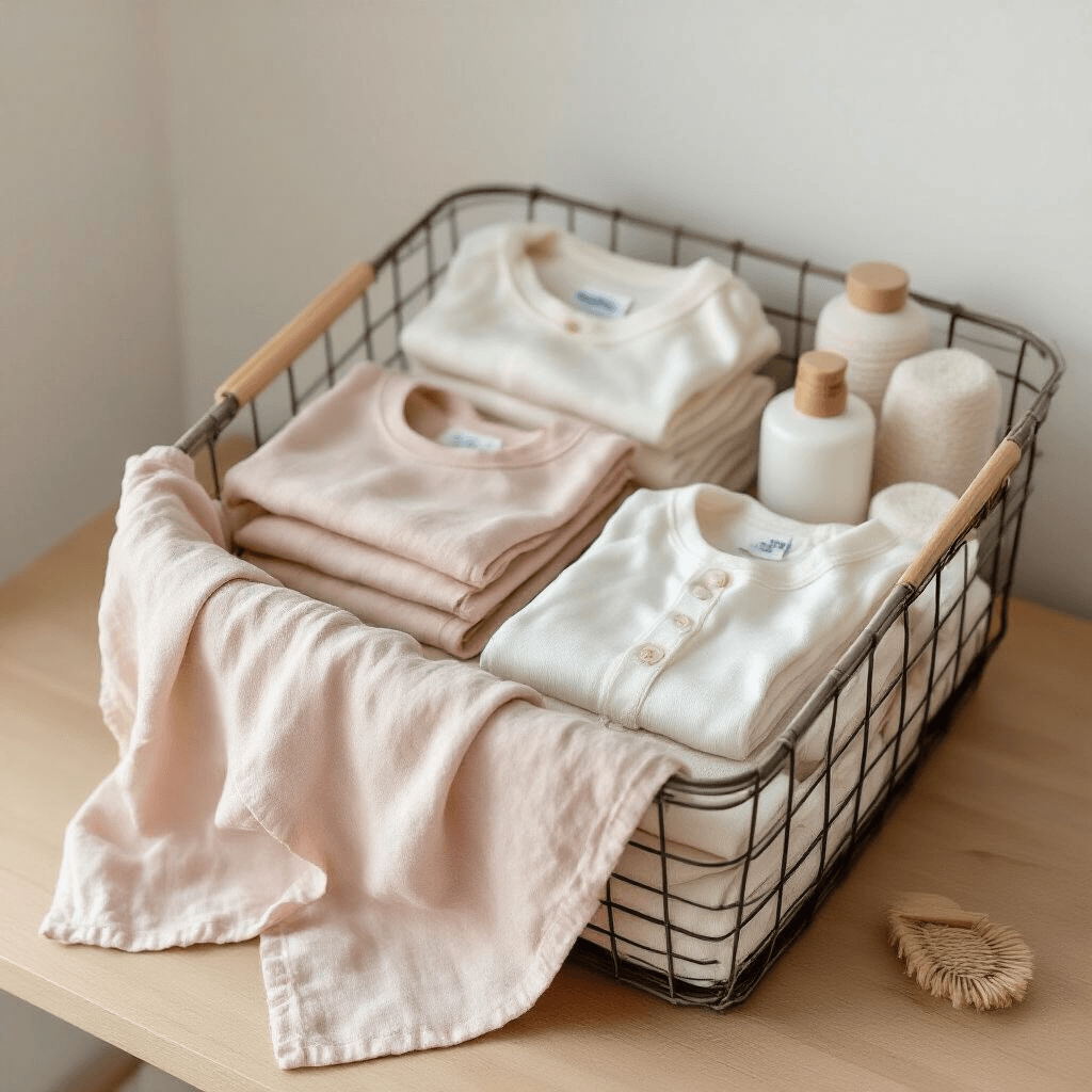 A minimalist baby basket assembly scene on a wooden surface, featuring a wire basket lined with a blush muslin blanket, neatly arranged with folded onesies, burp cloths, and grooming items, all illuminated by soft natural daylight.