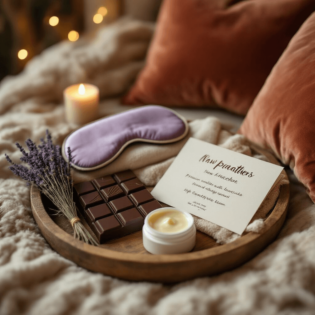 A cozy postpartum care basket on a rustic wooden tray, featuring dark chocolate, a lavender-scented eye mask, nipple balm, and a handwritten card, illuminated by soft golden hour lighting, with plush terracotta cushions nearby, conveying warmth and support for new mothers.