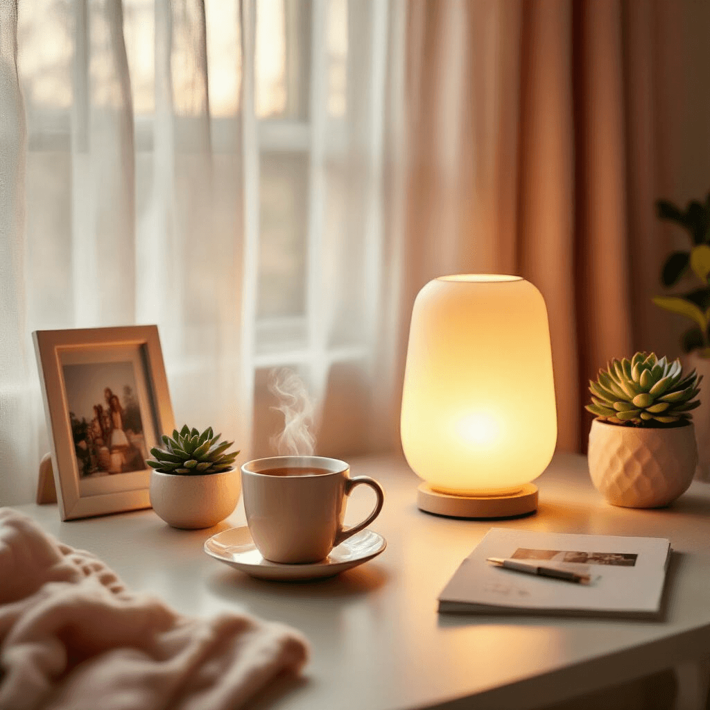 A beautifully staged home office featuring a modern minimalist desk with a softly glowing friendship lamp, warm afternoon light filtering through sheer curtains, a blush pink and cream color palette, an elegant ceramic mug with steaming tea, scattered personal photographs, and a delicate potted succulent, captured in a cinematic wide-angle overhead shot.