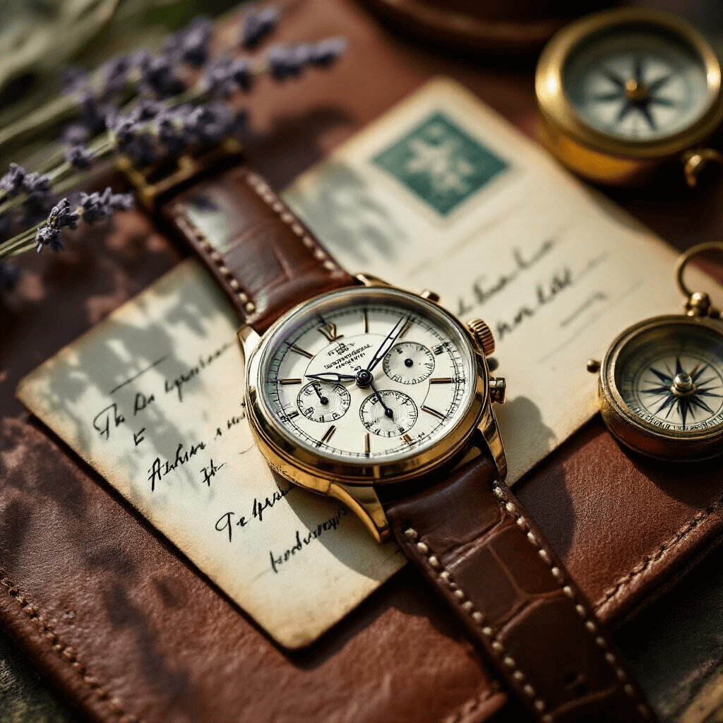 Sophisticated flat lay of a dual timezone watch on a distressed leather surface, arranged with a vintage postcard, a sprig of lavender, and an antique brass compass, accented by muted terracotta and sage tones, illuminated by soft morning light.