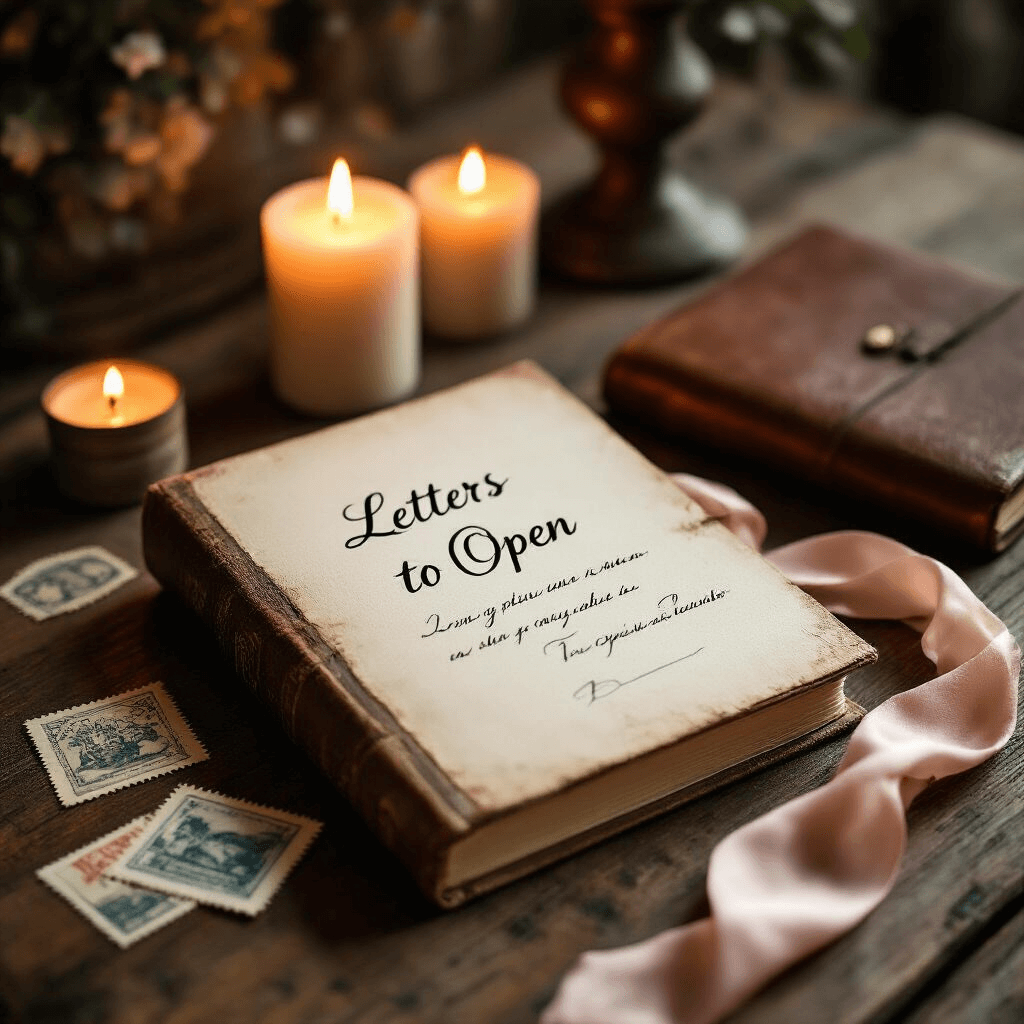A cozy rustic wooden table displays an elegantly styled 'Letters to Open When' book, soft candlelight casting a warm glow. Vintage postal stamps and a handwritten envelope with delicate calligraphy are scattered around, complemented by a blush pink silk ribbon and an aged leather journal. The intimate close-up captures the emotional essence of long-distance connection, with gentle shadows enhancing the textural details against a warm ivory background.