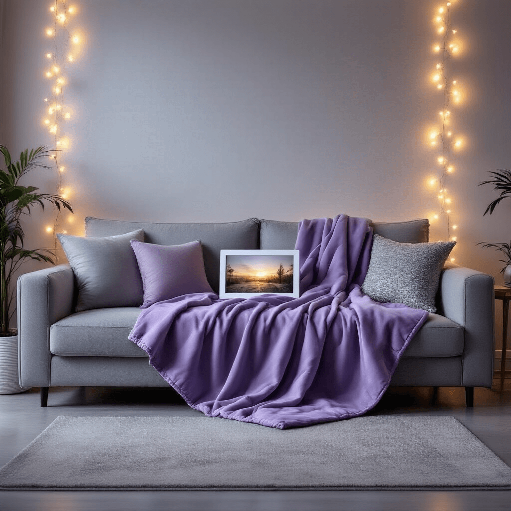 Modern apartment living room with a minimalist grey couch draped in a weighted blanket, soft evening fairy lights provide an ambient glow, coordinated lavender and silver throw pillows are arranged, a connected digital photo frame displays rotating images, all framed by clean architectural lines in a cinematic wide-angle view, evoking comfort and a sense of technological intimacy.