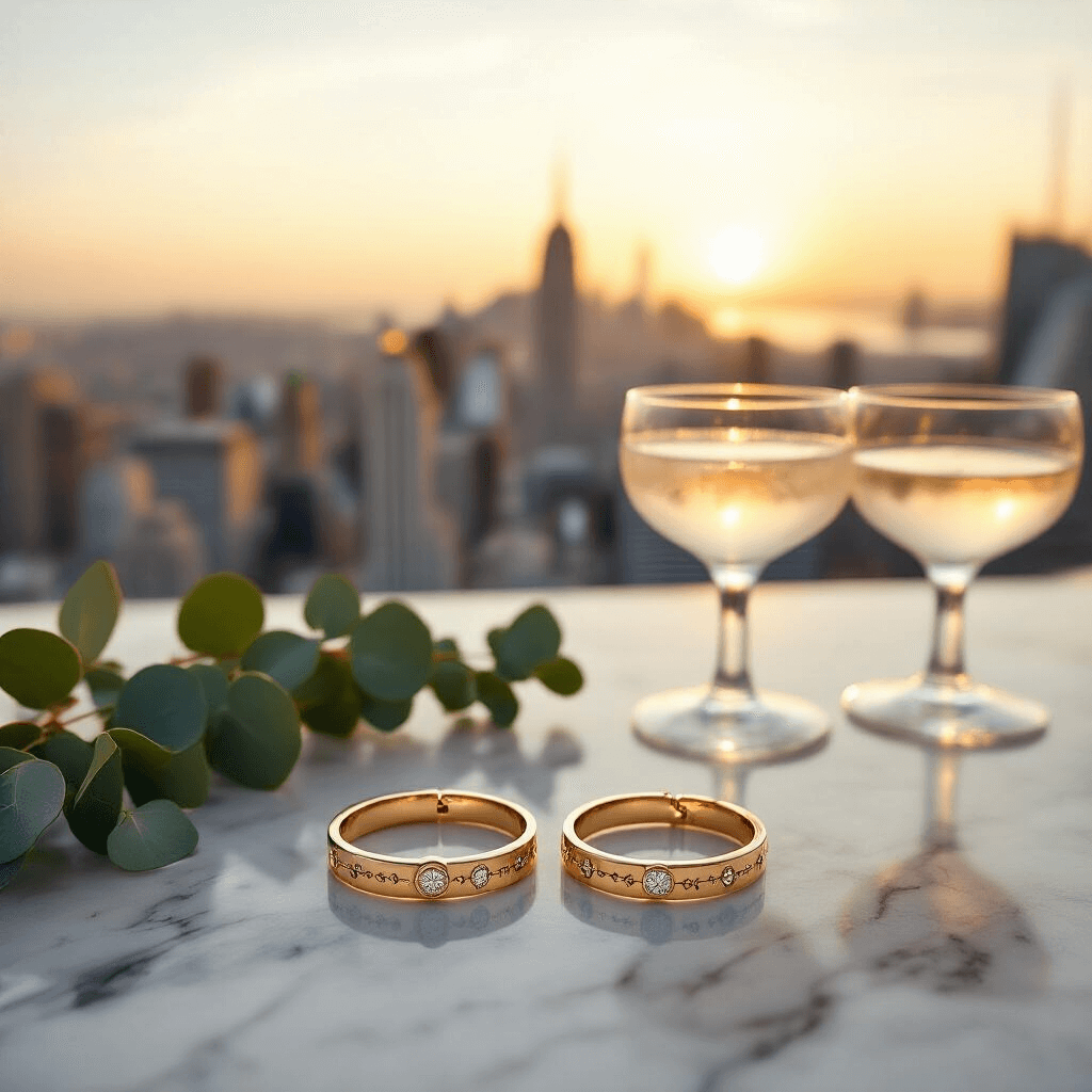 Aerial view of two matching coordinate bracelets on a marble surface, surrounded by delicate cocktail glasses and fresh eucalyptus sprigs, set against a soft-focus cityscape at golden hour, featuring a luxe minimal styling in gold and ivory.