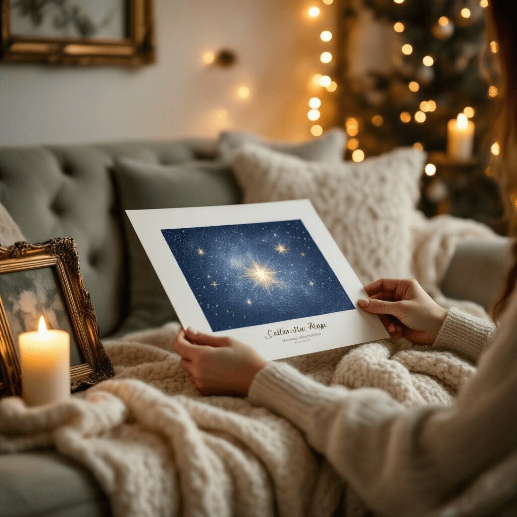 A cozy living room illuminated by warm candlelight, showcasing a couple gently unveiling a custom star map print framed in vintage brass. They sit on a plush velvet sofa with a textured throw blanket, surrounded by ambient fairy lights that create a soft bokeh effect, capturing an intimate moment filled with emotional connection.