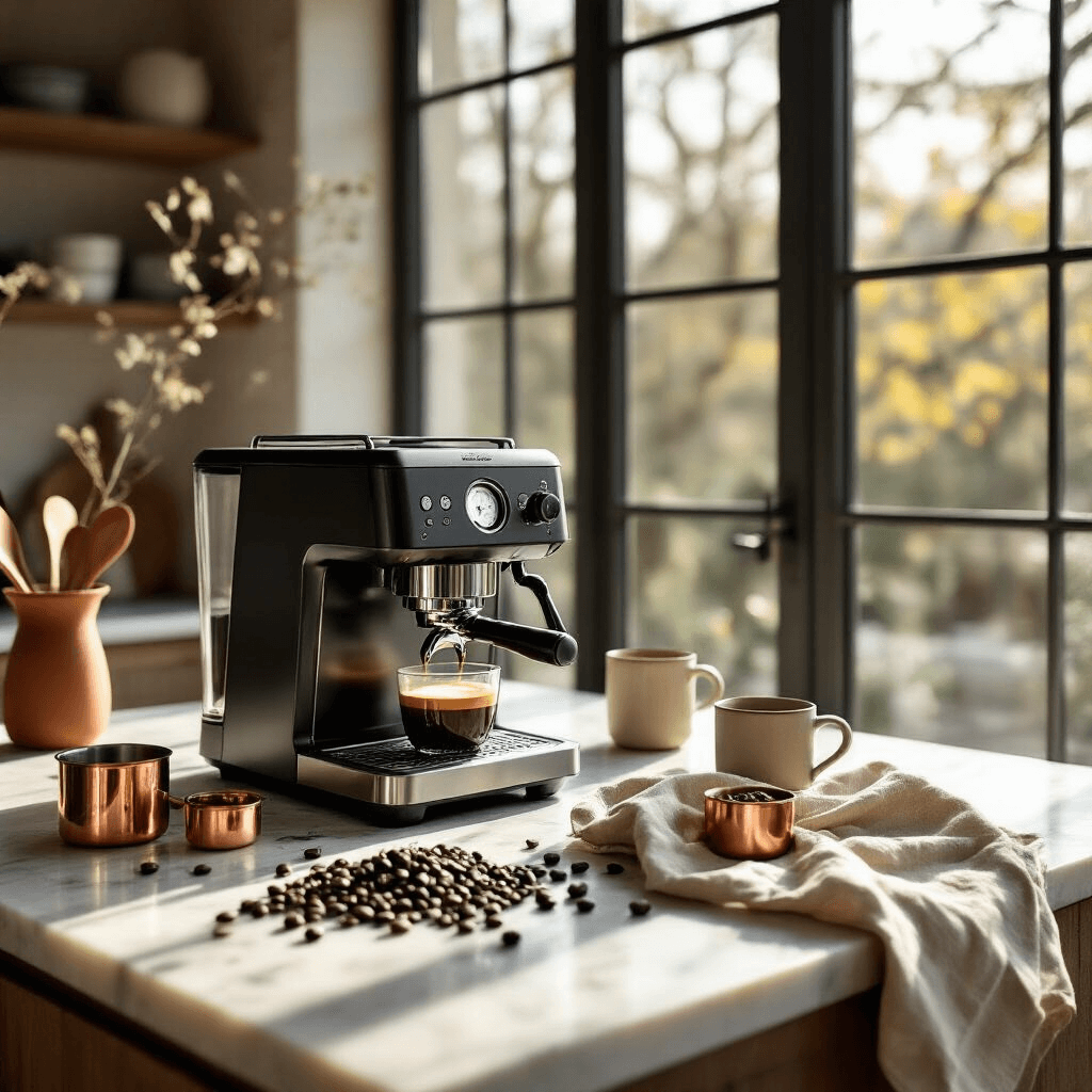 High-end espresso machine on rustic marble countertop, illuminated by dramatic side lighting with shadows, surrounded by fresh coffee beans and a copper measuring spoon, complemented by a textured linen towel, with morning sunlight filtering through large windows, styled in a minimalist Scandinavian aesthetic with muted terracotta and cream tones.