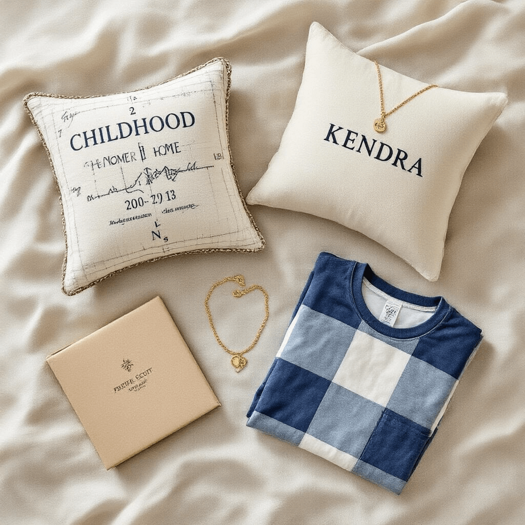 High School Graduation Gifts That Actually Matter (Not Another Picture Frame) Overhead flat-lay of a personalized graduation gift collection, including a vintage coordinate pillow, a Kendra Scott initial necklace, and a folded Project Repat memory t-shirt quilt, arranged on a soft ivory linen background with strategic shadows.