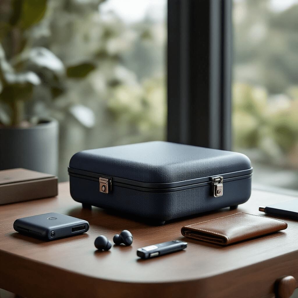 Photorealistic display of a sleek electronics organizer case on a modern wooden side table, surrounded by high-end tech gadgets, featuring soft natural lighting and a muted color palette.