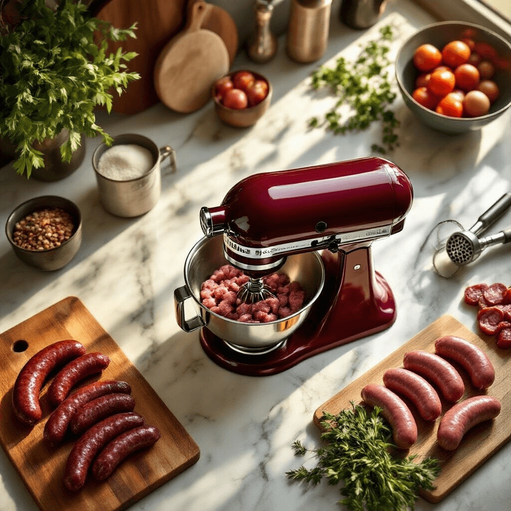 Cinematic overhead shot of a kitchen counter featuring a KitchenAid Stand Mixer with a meat grinder attachment, surrounded by artisan sausages, fresh herbs, and chef's tools, illuminated by warm golden hour lighting on a marble surface, showcasing rich textures and a deep burgundy, forest green, and burnished copper color palette.