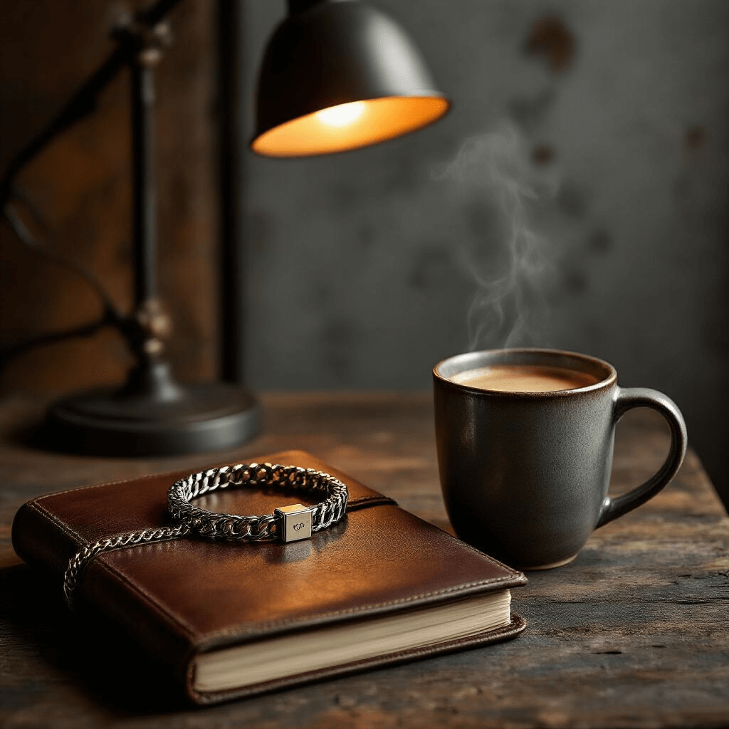 An elegant David Yurman Box Chain Bracelet rests on a vintage leather-bound notebook beside a steaming espresso in a handcrafted ceramic mug, surrounded by soft ambient lighting, highlighting textures against a backdrop of distressed wood and a modern concrete wall.