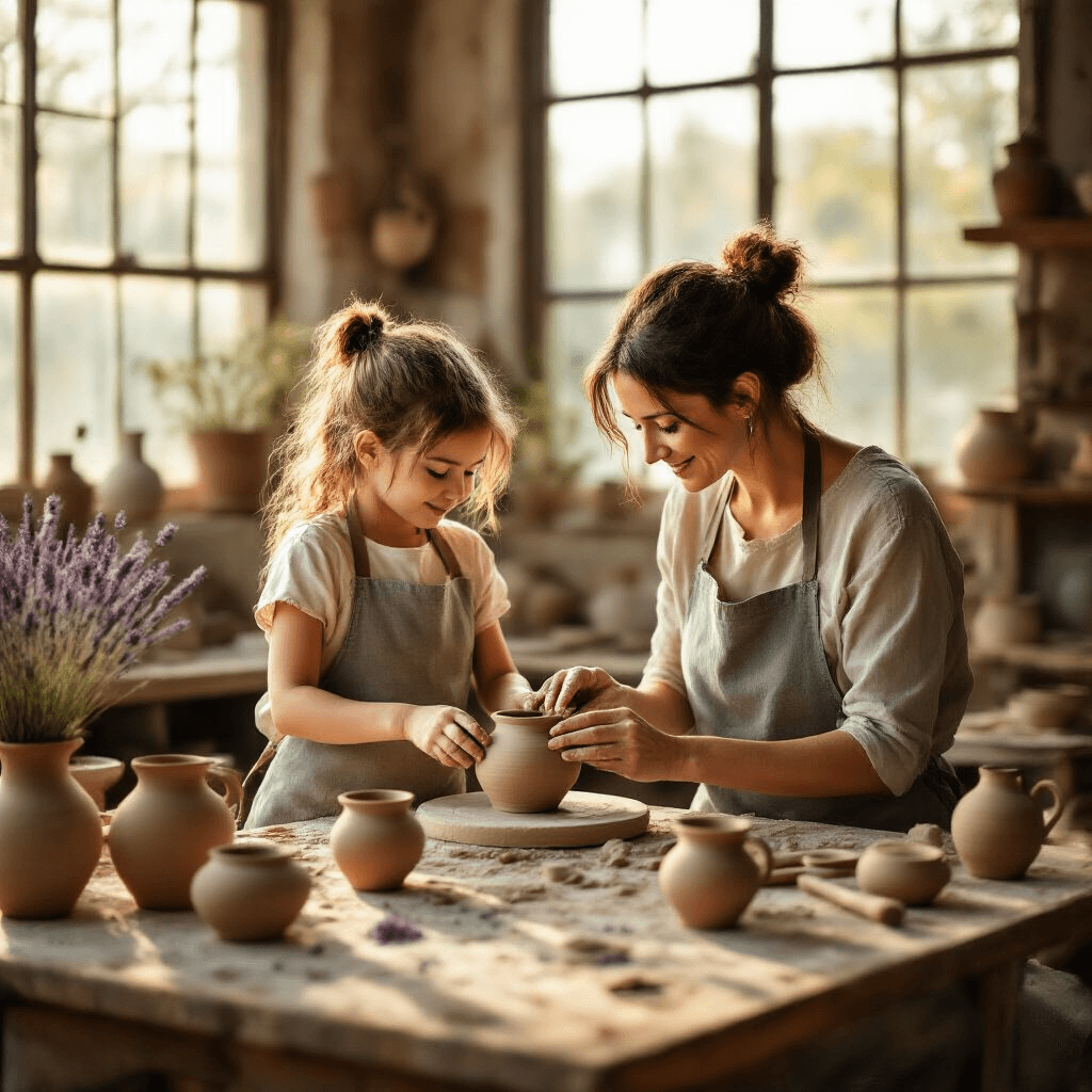 A mother and daughter enjoy golden-hour light in a rustic pottery studio, crafting ceramic mugs together at a wooden table surrounded by clay, tools, and unfinished ceramics, with soft shadows and earthy tones creating an intimate atmosphere.