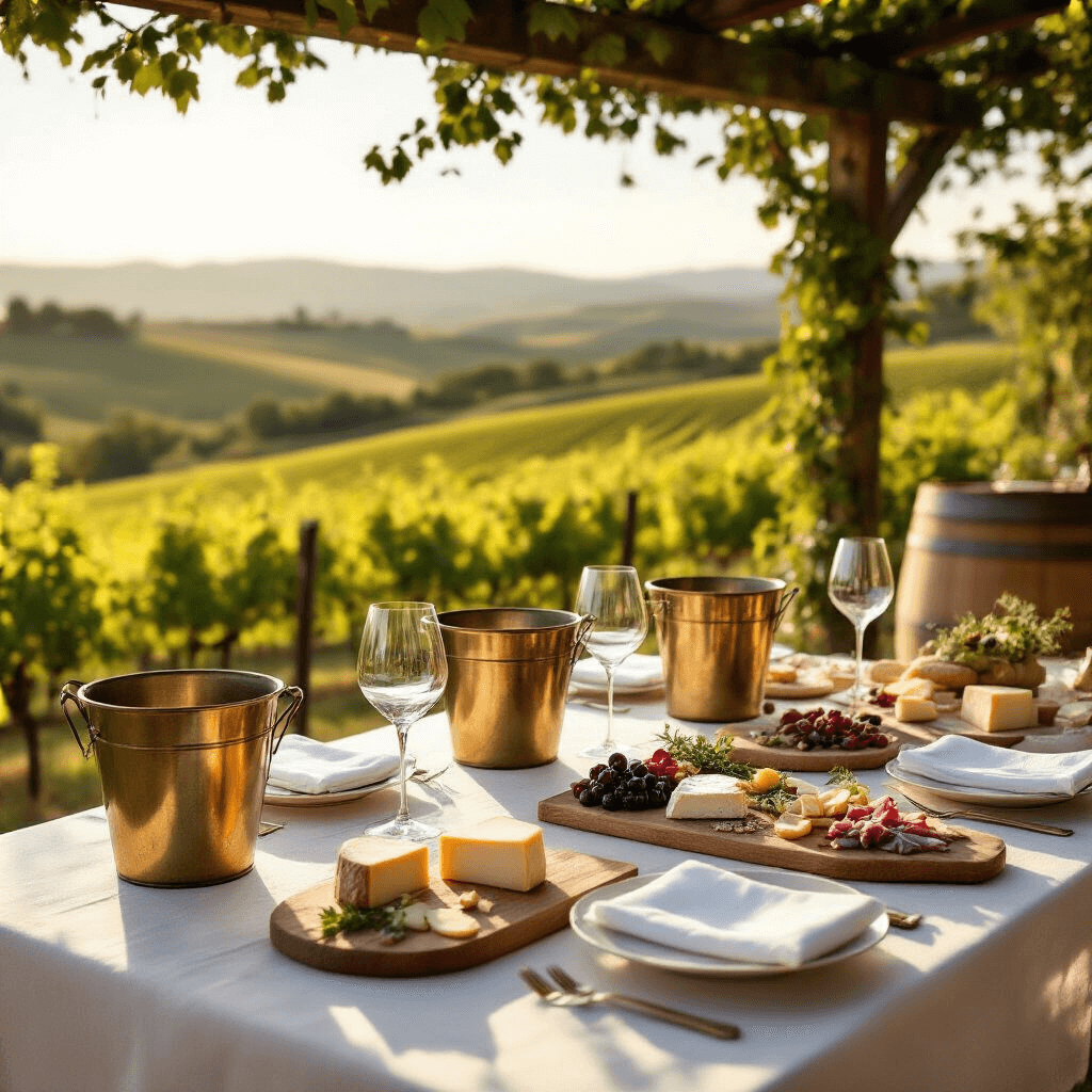 An elegantly styled wine tasting setup on a sun-drenched terrace, featuring a table with white linen, vintage brass wine buckets, crystal glasses, and an array of regional wines, accompanied by cheese boards and charcuterie, with rolling vineyard hills and vintage barrels in the background, all bathed in warm afternoon sunlight.