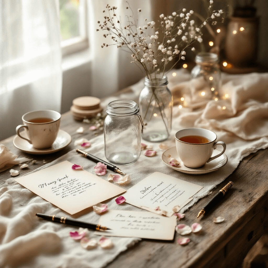A cozy DIY memory jar scene on a vintage wooden table, featuring delicate mason jars, cream and blush writing papers, vintage pens, dried flower petals, a steaming cup of tea, and soft fairy lights, all bathed in soft natural light filtering through sheer curtains, with handwritten memory cards hinting at personal stories.