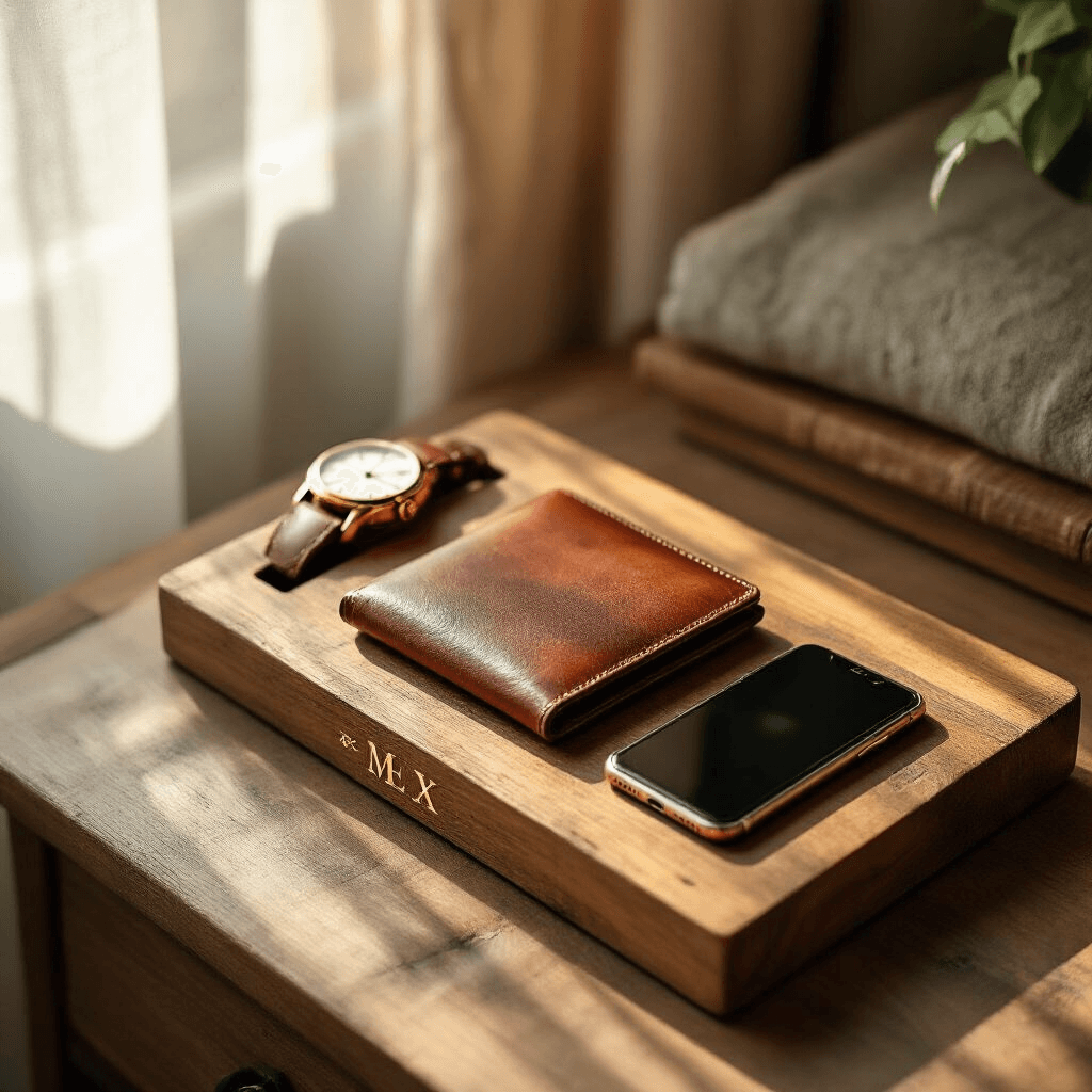 A rustic wooden docking station on a minimalist nightstand, featuring a leather wallet, vintage watch, and smartphone, with personalized brass initials, surrounded by soft morning light and delicate shadows in a warm terracotta and sage color palette.