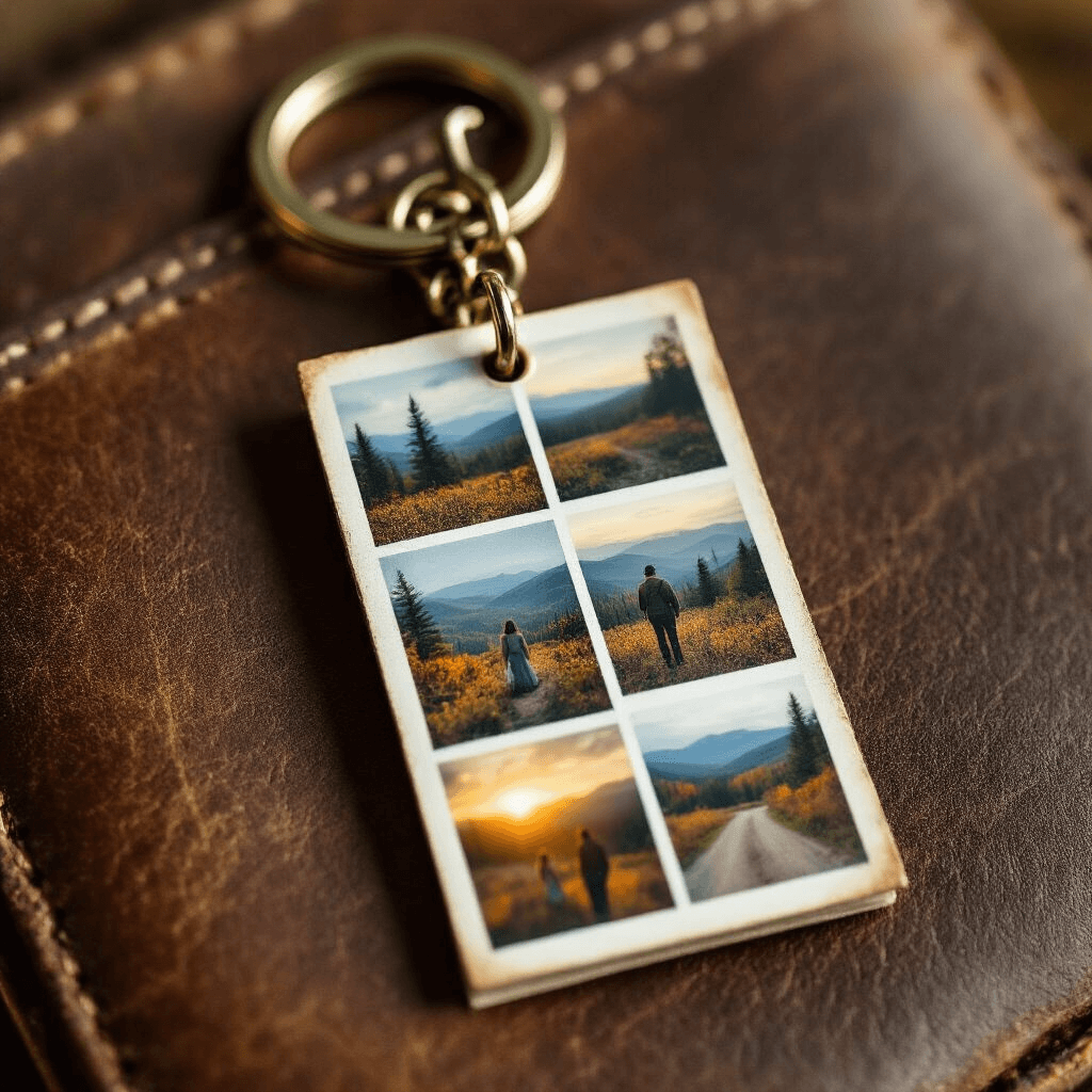A custom photo strip keychain rests on a weathered leather background, illuminated by golden hour light, showcasing rolled intimate photographs secured with metallic hardware, with hints of Vermont landscape and a nostalgic color palette of muted blues and warm browns.