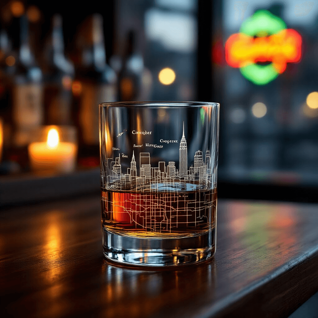 A close-up of an urban-style whiskey glass etched with city map details, filled with amber bourbon, placed on a rich walnut wood bar cart. The glass reflects soft candlelight, with a subtle neon bar sign glowing in the background, showcasing precise cartographic lines against a deep charcoal and burnished gold color scheme at twilight.