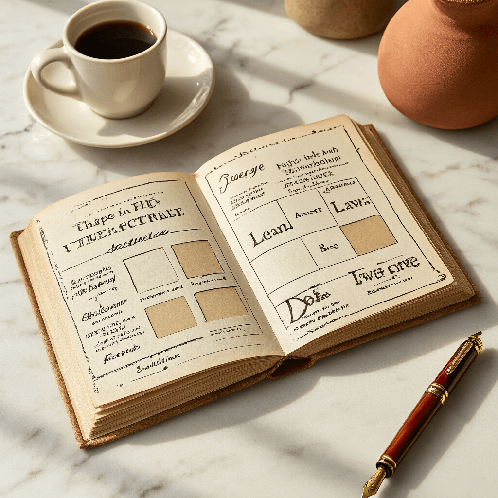 An open adventure scratch-off date night guide on a marble countertop, featuring scratched-off experiences, an espresso cup, a vintage fountain pen, and warm terracotta and ivory tones, illuminated by morning light in an overhead flat lay composition.