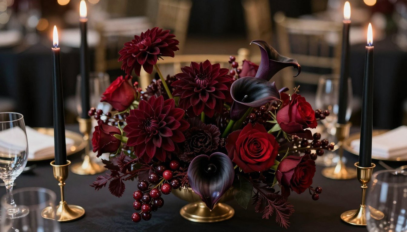 Dark romantic wedding centerpiece with mixed textures and candlelight