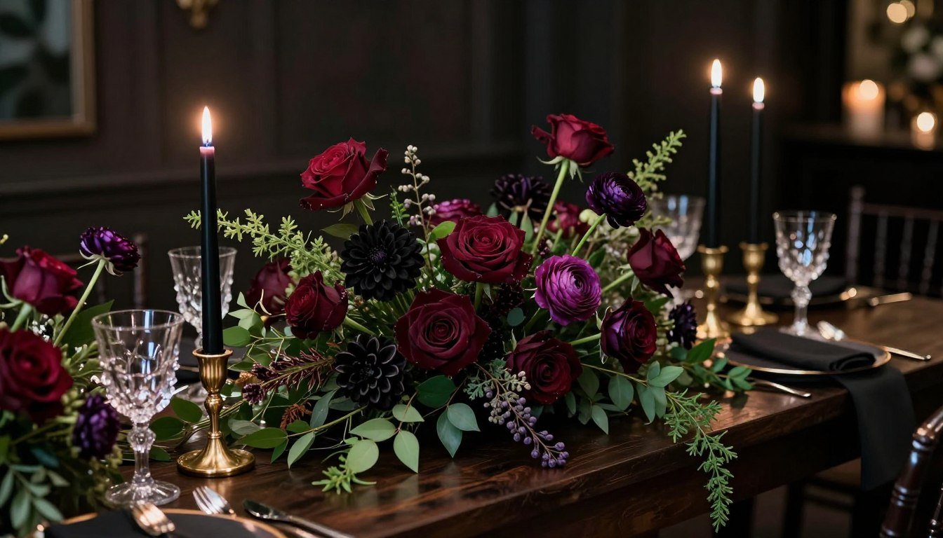 Long head table with lush dark romantic floral runner and candles